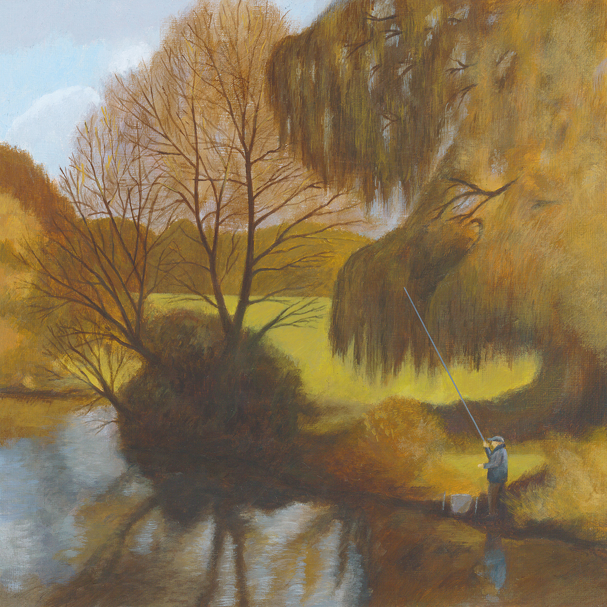 Painting of a man fishing on the River Avon in Salisbury by Kieran Naish.